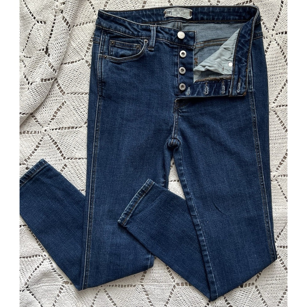 Free People W27 Button Fly Mid Rise Slim Straight Denim Simple Skinny Dark Wash